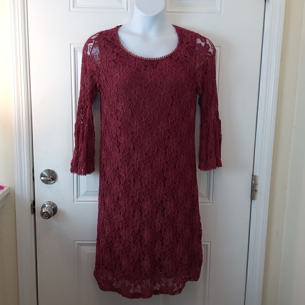 Blooming Rose maroon fully lined lace Bell sleeve dress